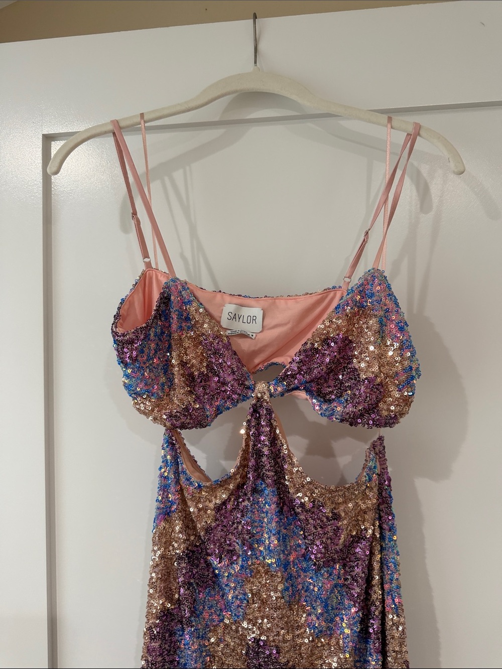 SAYLOR Pink Gold Purple Sequin Midi Dress